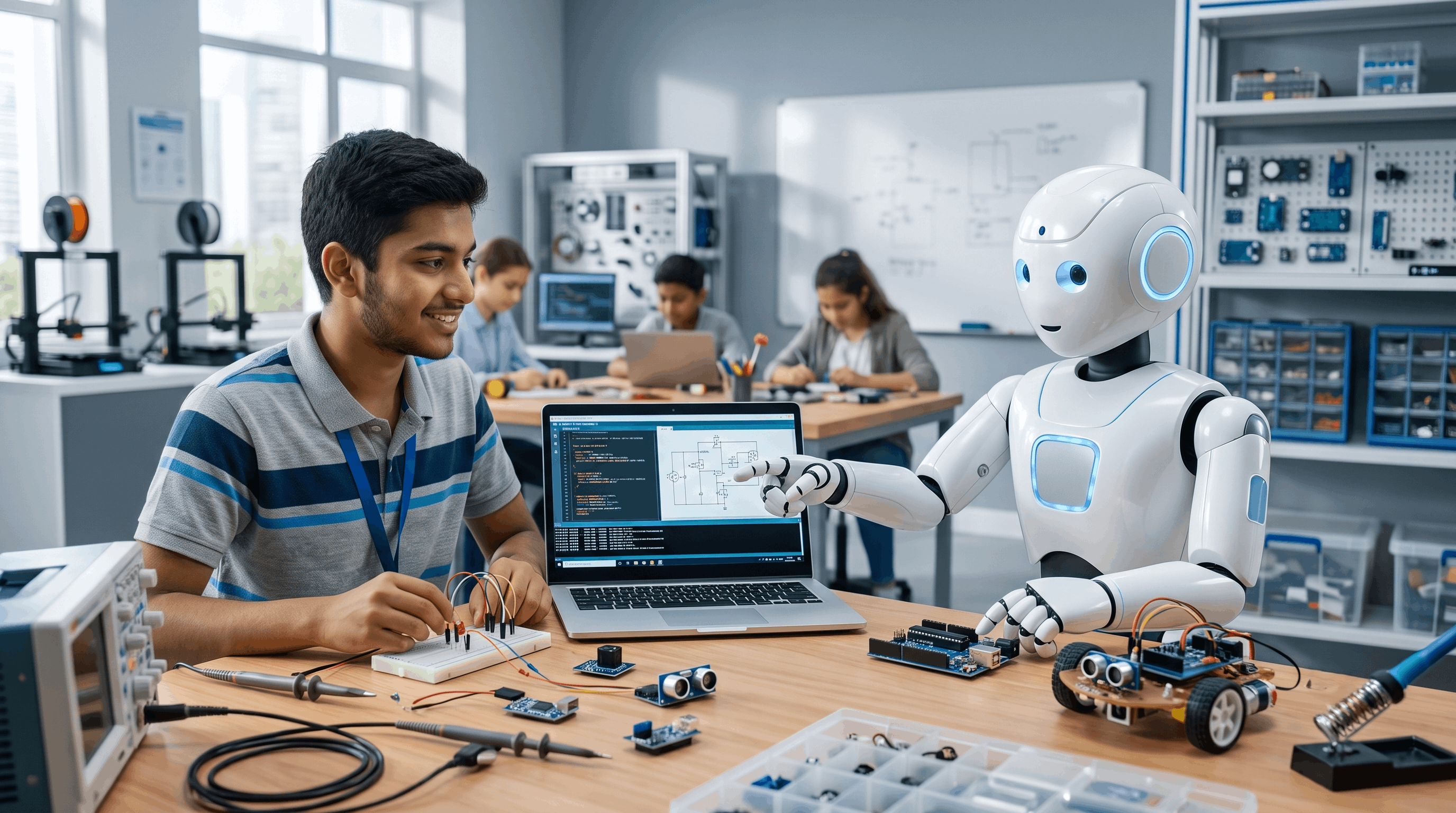 Student assembling a robot arm in the Advanced Program