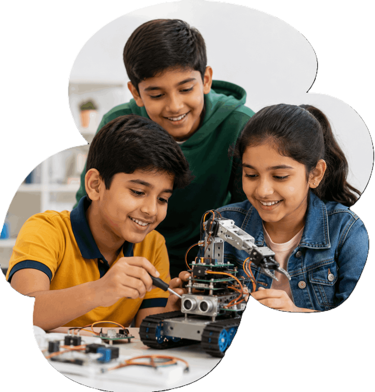 Students building a robotics project