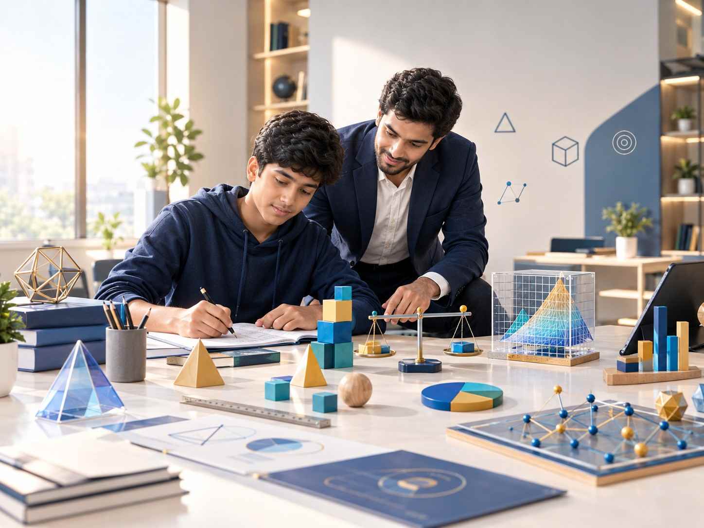 Teen student solving algebra and geometry problems