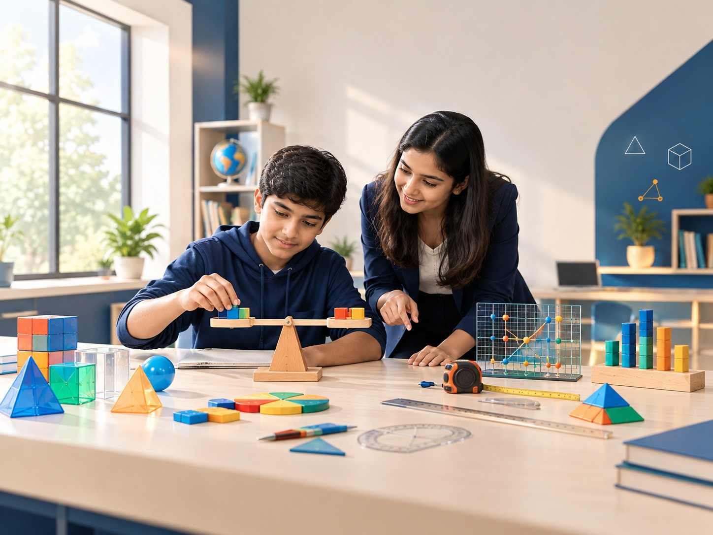 Students working with fraction tiles and geometry tools